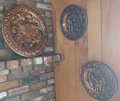 THREE VINTAGE COPPERCRAFT STAMPED METAL COPPER HANGING WALL ART