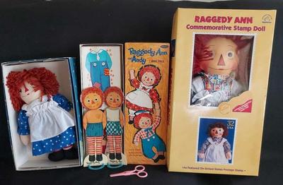RAGGEDY ANN COLLECTORS DOLL, STAMP DOLL, AND PAPER DOLLS