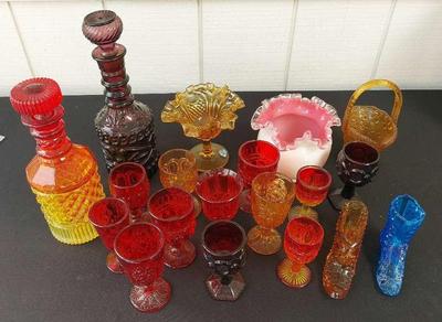 GORGEOUS COLLECTION OF COLORFUL GLASS CUPS, VASES, AND DECANTERS
