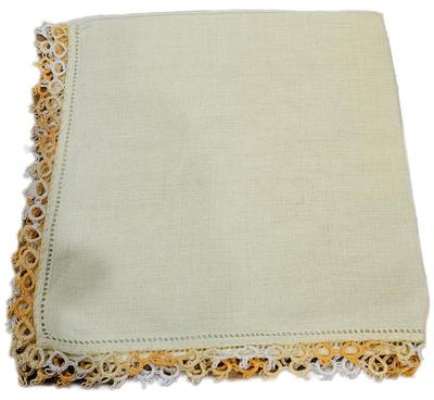 Handkerchief Yellow With White-Orange-Yellow Crochet Circle Border Hand Rolled Linen
