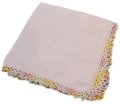 Handkerchief Pink Pink-Yellow-White Crochet Circle Border Hand Rolled Linen