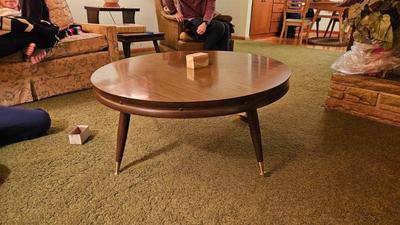 1950s walnut end tables and coffee table 1)