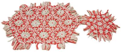 Vintage red and white yarn hexagon doilies made on loom