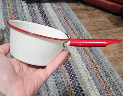 Enamelware 1930s 1940s red white sauce pan