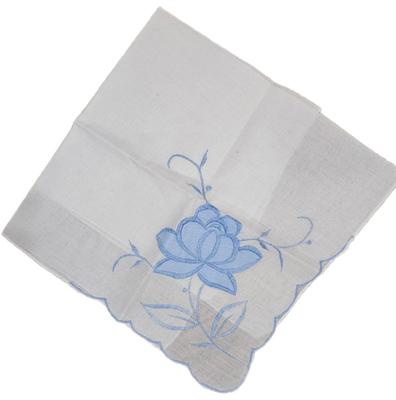 Handkerchief White With Blue Fabric Flower Blue Embroidered Corner Border Hand Rolled Linen
