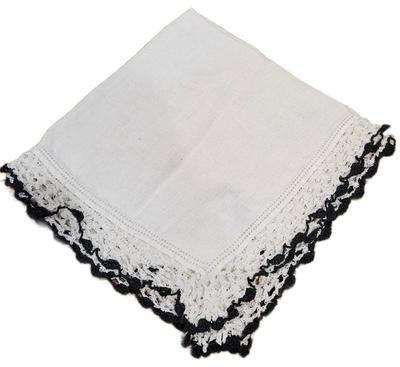 Handkerchief White With White & Black Crochet Border Linen