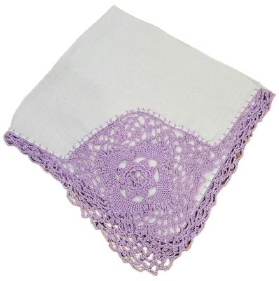 Handkerchief white purple crochet flower corner Linen