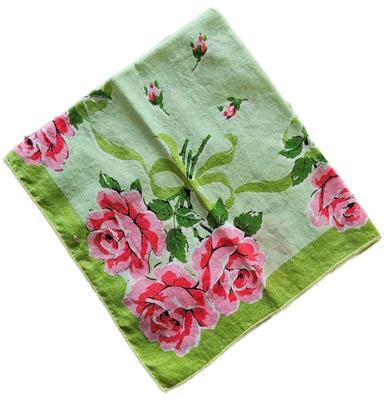 Handkerchief green with pink roses darker green border