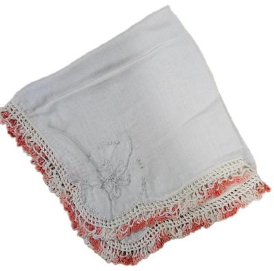 Handkerchief White Dark-Light Pink & White Crochet Border Embroidered White Flower Corner