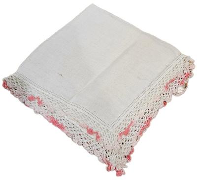 Handkerchief white pink and white crochet border