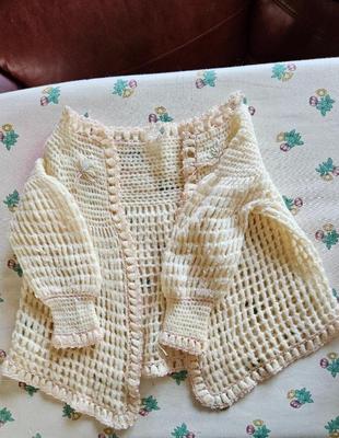 Edwardian white sweater with pink trim