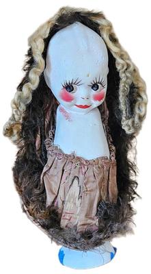 1920s 13” Chalk Ware Carnival Kewpie Doll Statue  With Hair & Costume VERY RARE Costume and Hair Is Never Seen For Sale Plaster is...