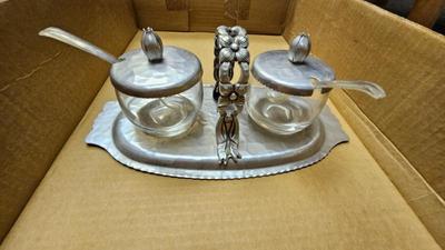 Hammered aluminum 1950s rodney kent condiment jars and tray