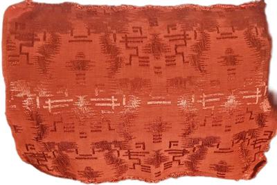 Antique Rayon Rusty Red 
Damask 23.75 in x 23.5 in x 18 in x 18 in. Salvage on 18 in Edge