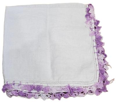 Handkerchief White With Dark & Light Purple-White Crochet Border Linen