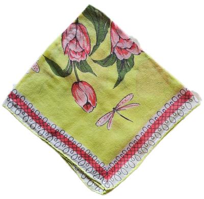 Handkerchief green with pink tulips dragon flies