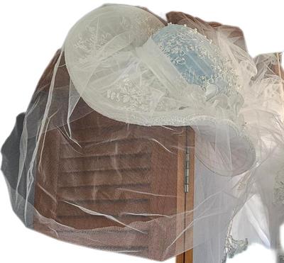 1982 weding dress petticoat, hat & storage box