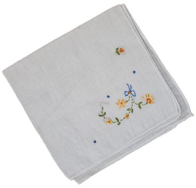 Handkerchief white blue ribbon yellow flowers