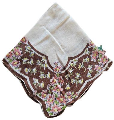 Handkerchief white scalloped edges brown border with pink flowers