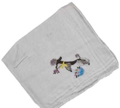 Handkerchief White Poodle Embroidery Hand Rolled Linen