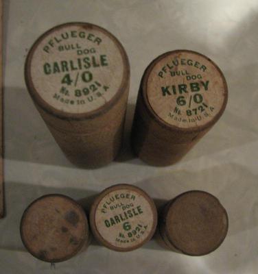 Fishing 1940s pfueger round wood containers