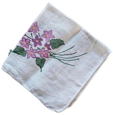 Handkerchief white hand painted purple flowers green leaves stems