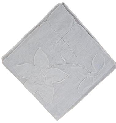 Handkerchief White Fabric & Embroidered White Flower In Corner Hand Rolled Linen