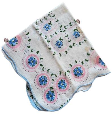Handkerchief white scalloped edge pink circles with blue flowers