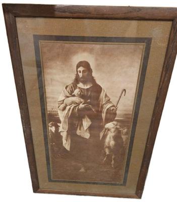 Early 1900s Image Depicts Bernhard Plockhortst Renorned Painting The Good Shepard in 1878 Original Frame 26x16.75 Mat & Glass Frame...