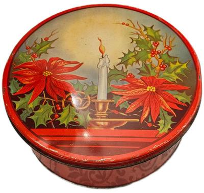 1950s 1960s poinsetta candle mistletoe cookie tin