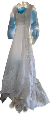 1982 weding dress petticoat, hat & storage box