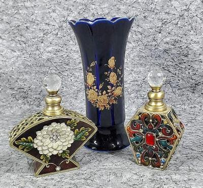 Enameled brass perfume bottles echt cobalt bareuther vase