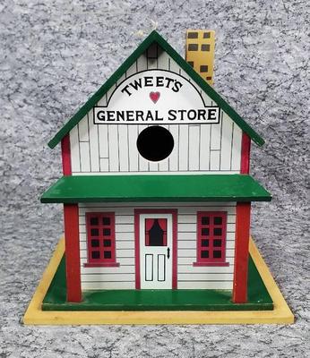Painted wood tweets general store birdhouse