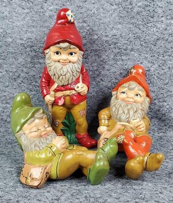 3 vintage 1970s ceramic garden gnomes