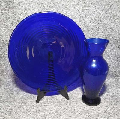 Cobalt vase and art glass platter