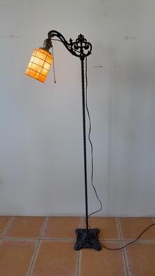 Antique Cast Iron Bridge Floor Lamp | Twisted Shaft & Mica Panel Shade | Art Nouveau Era Lighting