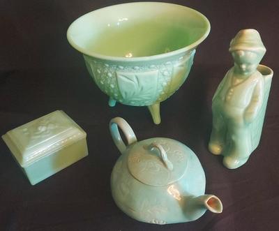 ECLECTIC JADE-COLORED GLASS AND POTTERY TREASURES 