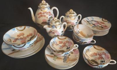 JAPANESE DELICATE TEA SET WITH PAINTED SCENERY 
