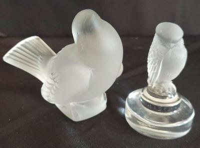 TWO SIGNED LALIQUE FROSTED BIRD STATUES