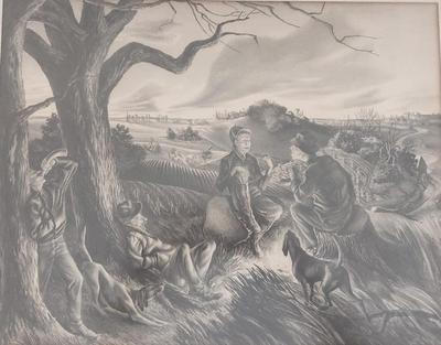 "BLUE VALLEY FOX HUNT" BLACK & WHITE LITHOGRAPH BY JOHN DE MARTELLY
