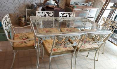 VINTAGE GLASS TOPPED DINING TABLE AND CHAIRS 