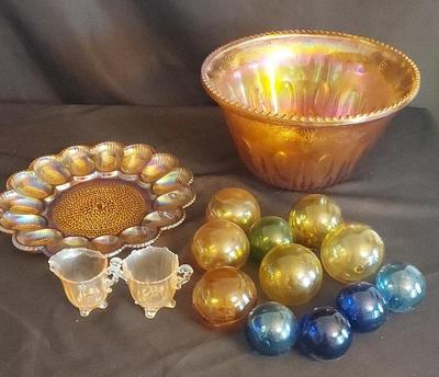 IRIDESCENT MARIGOLD/AMBER CARNIVAL GLASS AND MORE 