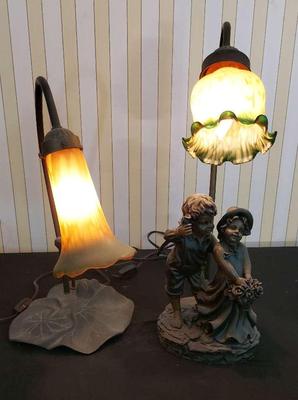 GORGEOUS METAL FIGURAL BOY AND GIRL GOOSENECK & TIFFANY STYLE TIGER LILY TABLE LAMPS