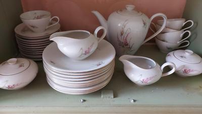 GERMAN KPM CHINA SET WITH PINK FLOWERS