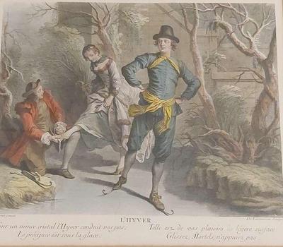 VINTAGE "DE LARMESSIN WINTER" HAND COLOR ENGRAVING PRINT BY NICOLAS LANCRET L'HYVER