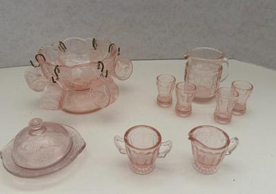 Lot Miniature Reproduction Pink Depression Glass--Punch Bowl W/cups,  Pitcher W/glasses, Covered Butter, S&C