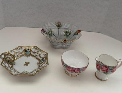 Lot (4) Pcs- Pink Tulip Open Weave Dish, Vintage Nippon Hand Painted Dish, Royal Standard Sugar & Creamer   