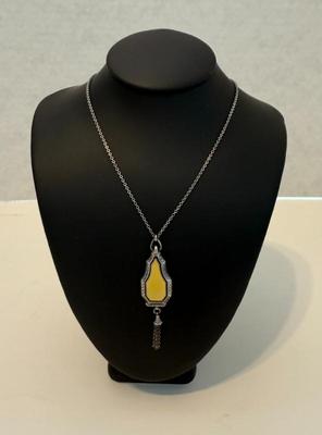 Vintage Yellow Guilloche Enameled & Silver Locket W/tassel On Chain