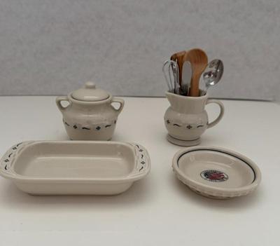 Set Of Longaberger Collector's Club Mini's- Pie Plate, Baking Dish, Cookie Jar, Pitcher W/mini Utensils