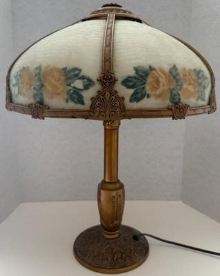 Antique Reverse Painted Table Lamp- Heavy Brass Base